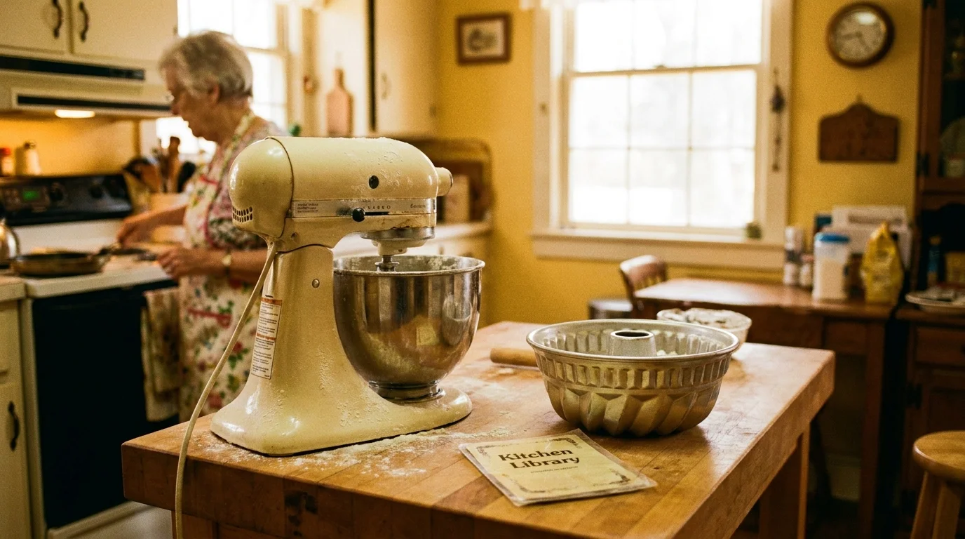 A borrowed stand mixer and specialty Bundt pan on a kitchen counter dusted with flour.