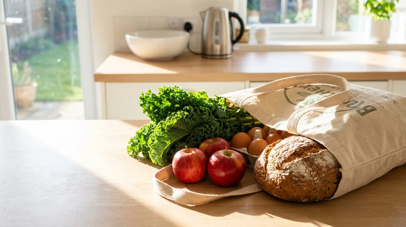 A bright photo of fresh groceries like kale, apples, and bread in a canvas bag on a sunlit kitchen counter.