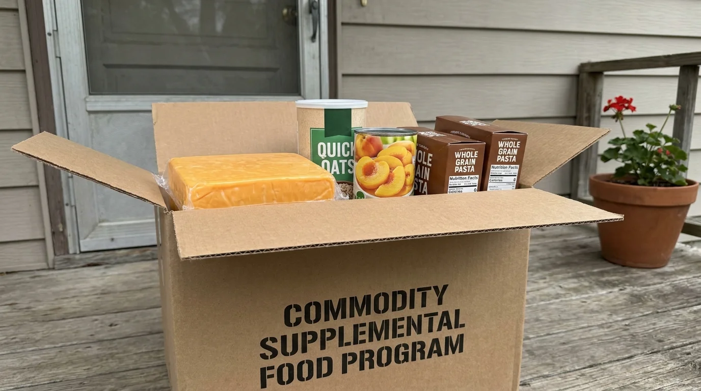 A cardboard box of commodity food staples including cheese, oats, and canned fruit sitting on a porch.
