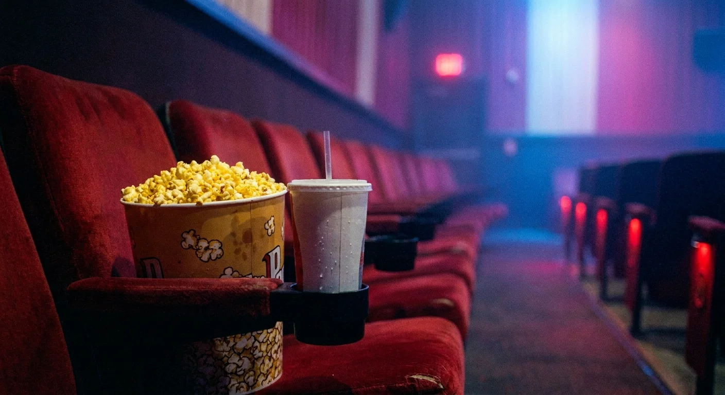 A cinematic shot of a large popcorn and soda in a movie theater seat, lit by the glow of the screen.