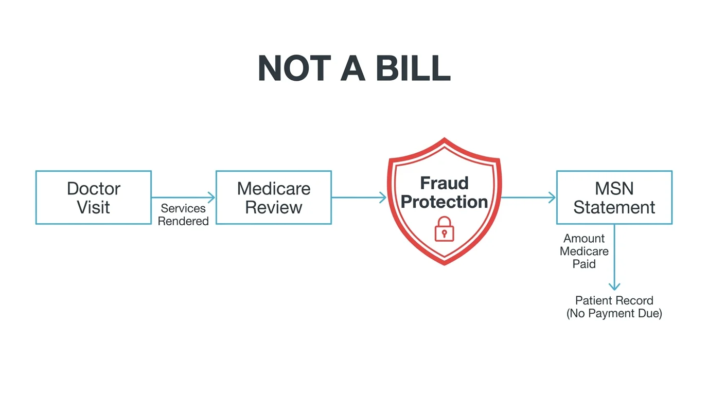 A clean, horizontal diagram showing how a Medicare Summary Notice tracks healthcare charges and prevents fraud.