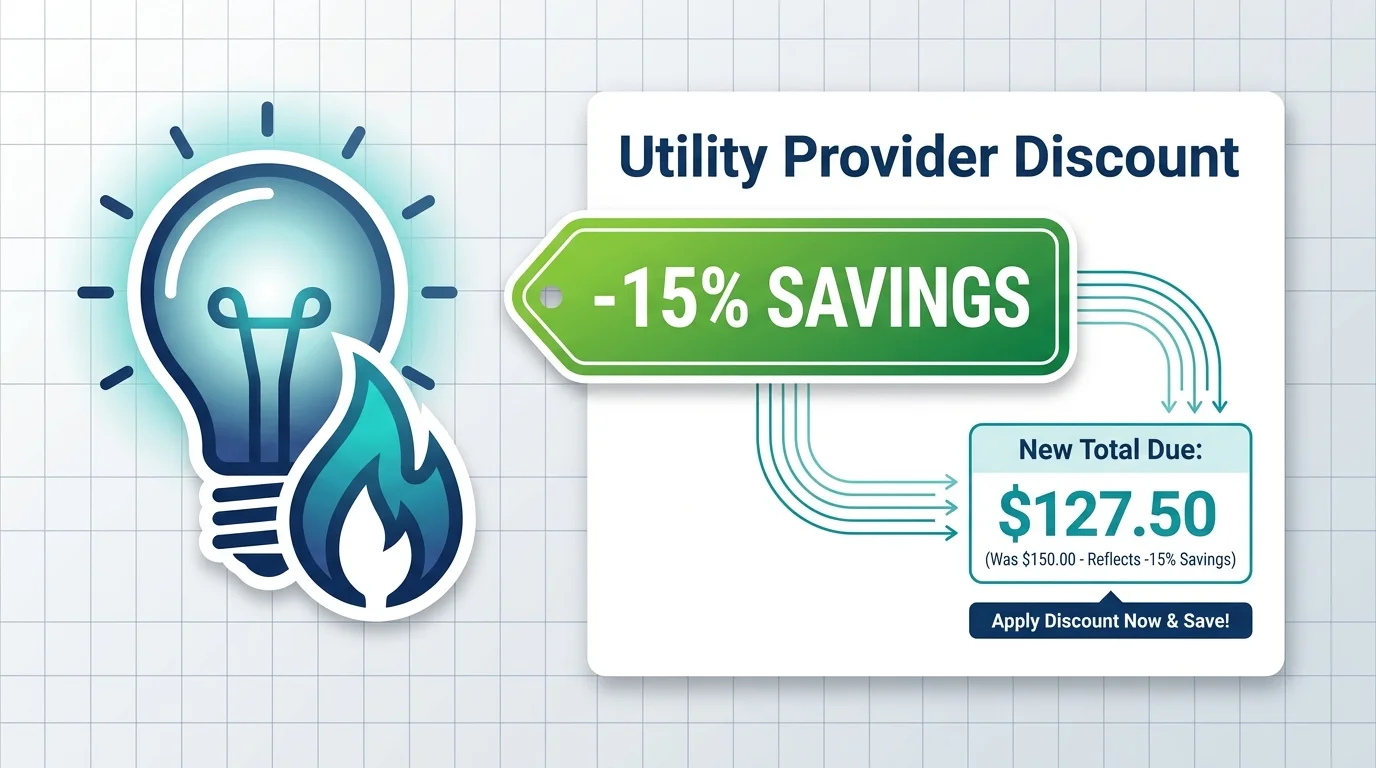 A clean infographic showing a utility bill with a 'Discount' tag applied to the total amount.