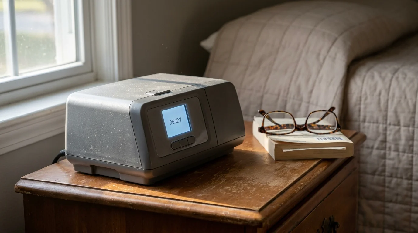 A close-up of a CPAP machine on a nightstand in soft morning light, representing essential medical equipment.