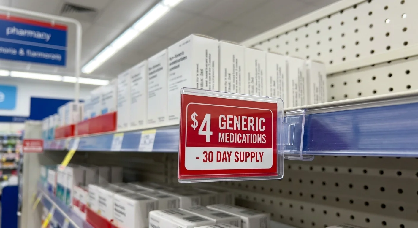 A close-up of a grocery store pharmacy shelf showing a sign for four-dollar generic medications.