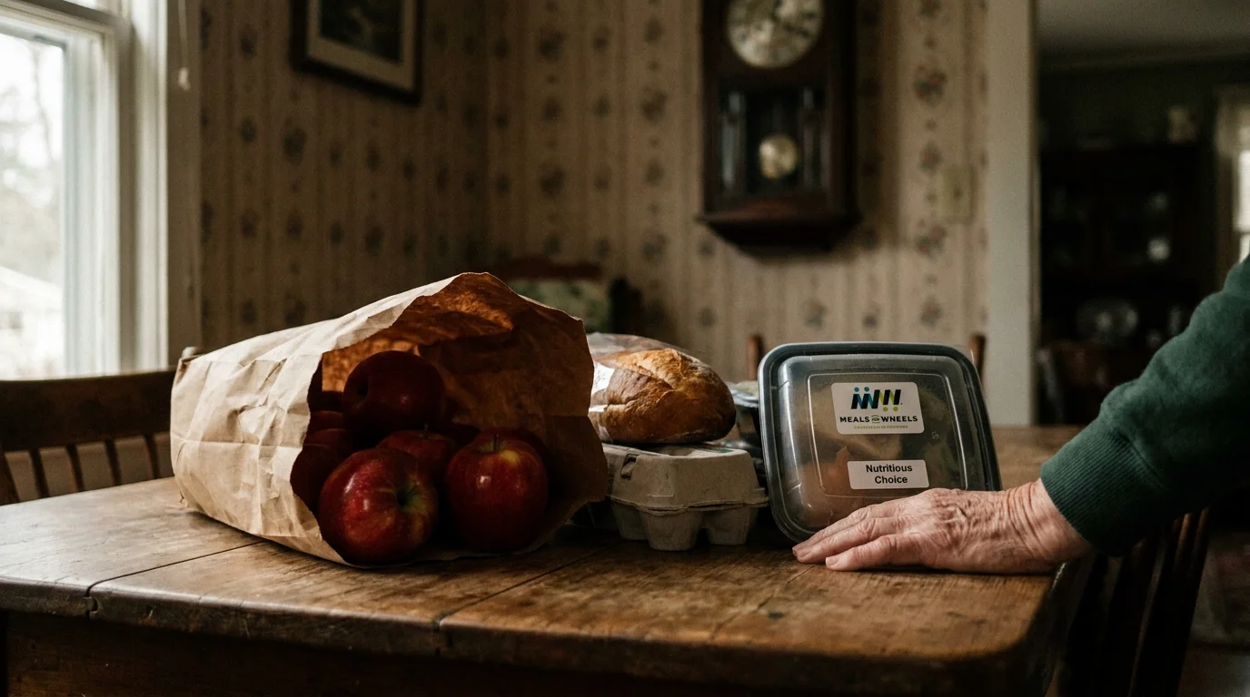 A close-up of a kitchen table with fresh groceries and a meal delivery container, representing nutritional assistance programs.