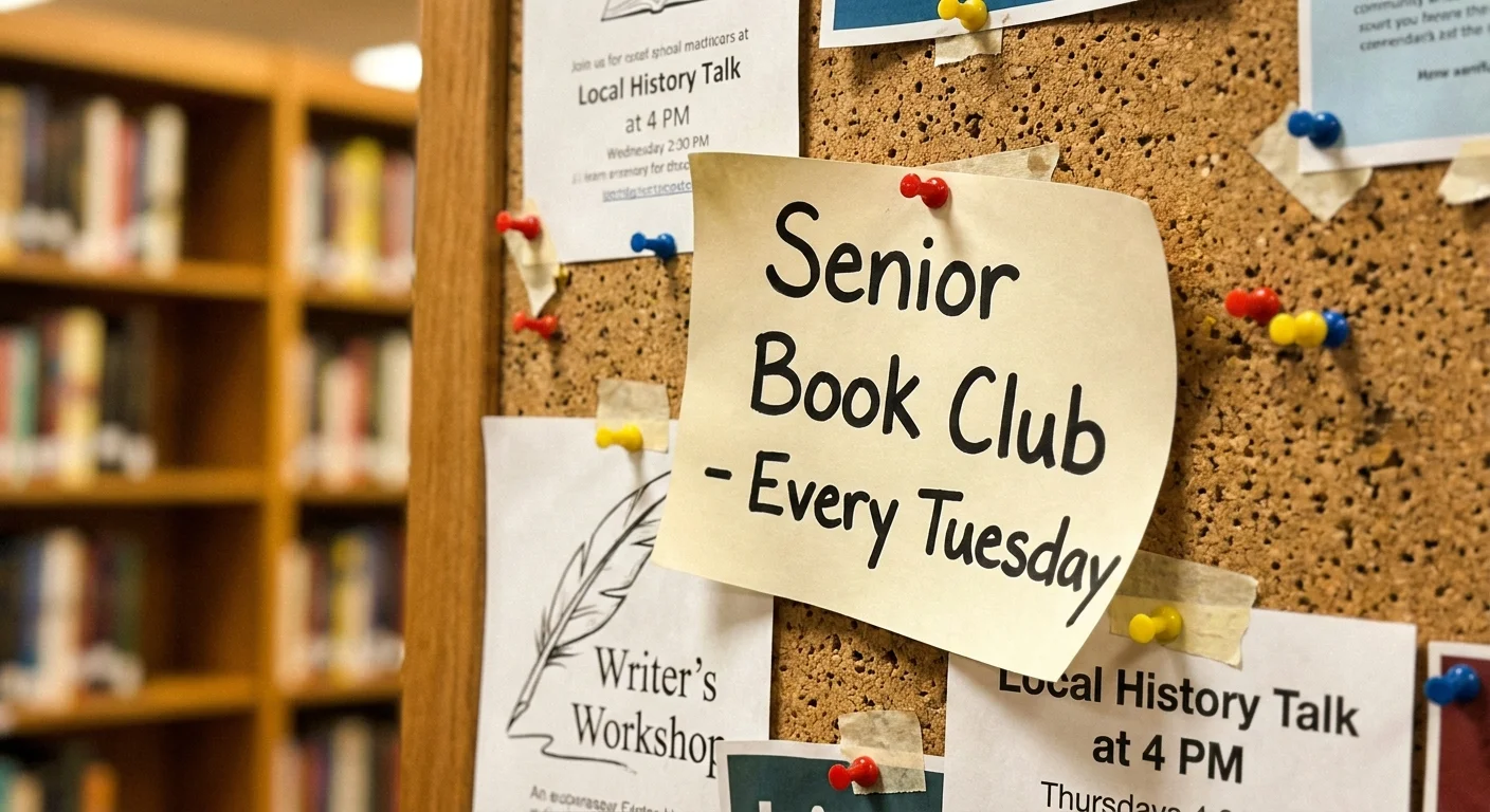 A close-up of a library bulletin board featuring a flyer for a senior book club.