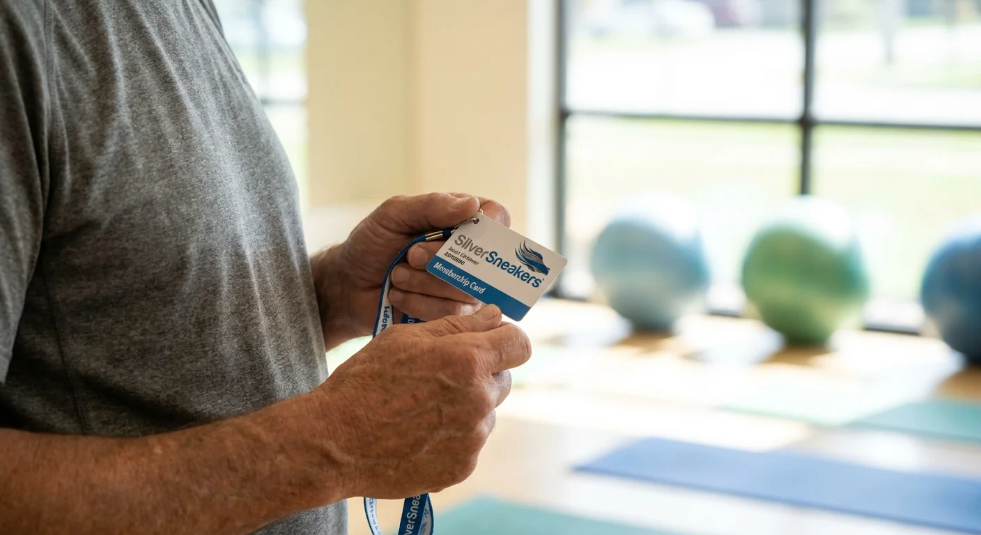 A close-up of a senior holding a gym membership card in a bright, modern wellness facility.