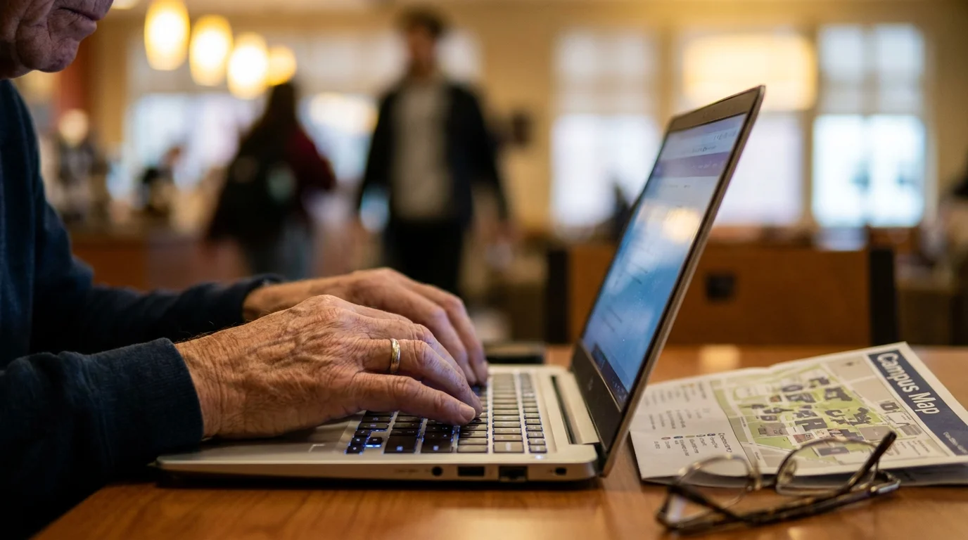 A close-up of a senior student's hands using a laptop, showing the focus on overcoming technical challenges.