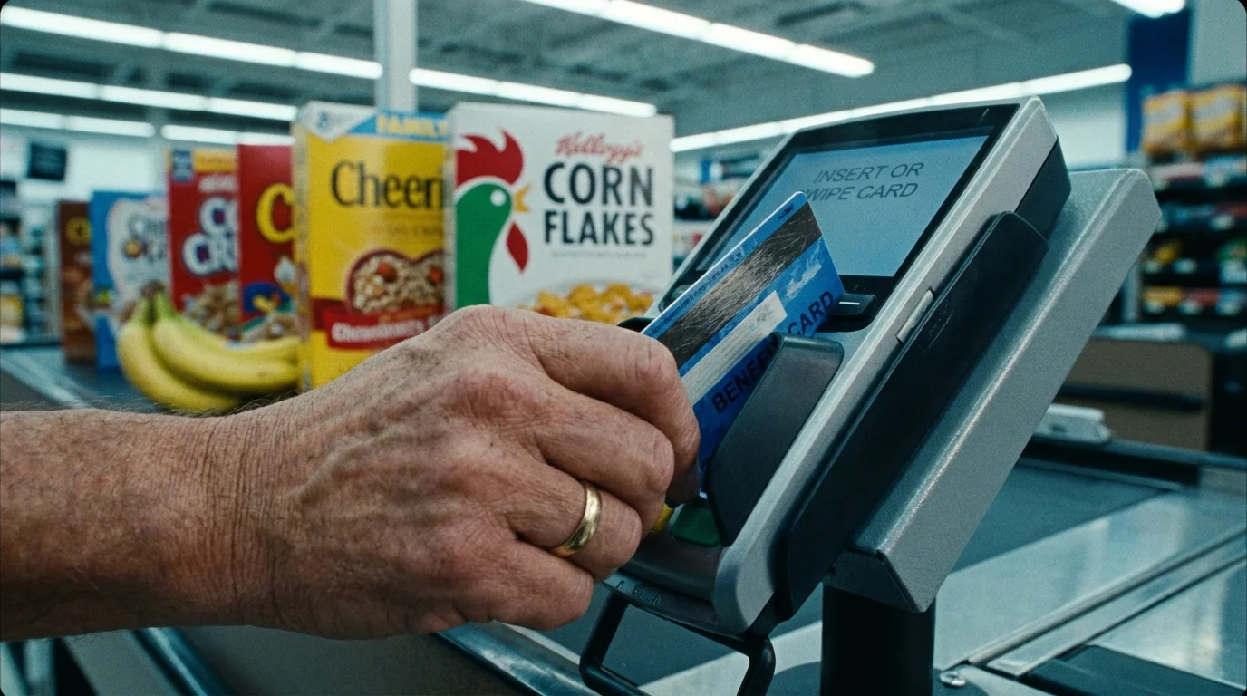 A close-up of a senior's hand using a Medicare Advantage grocery benefit card at a store checkout.