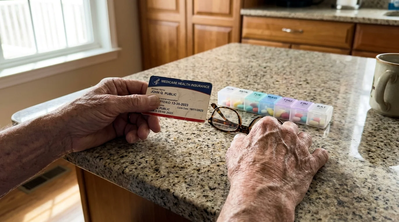 A close-up of a senior's hands holding a Medicare card on a kitchen counter next to reading glasses.