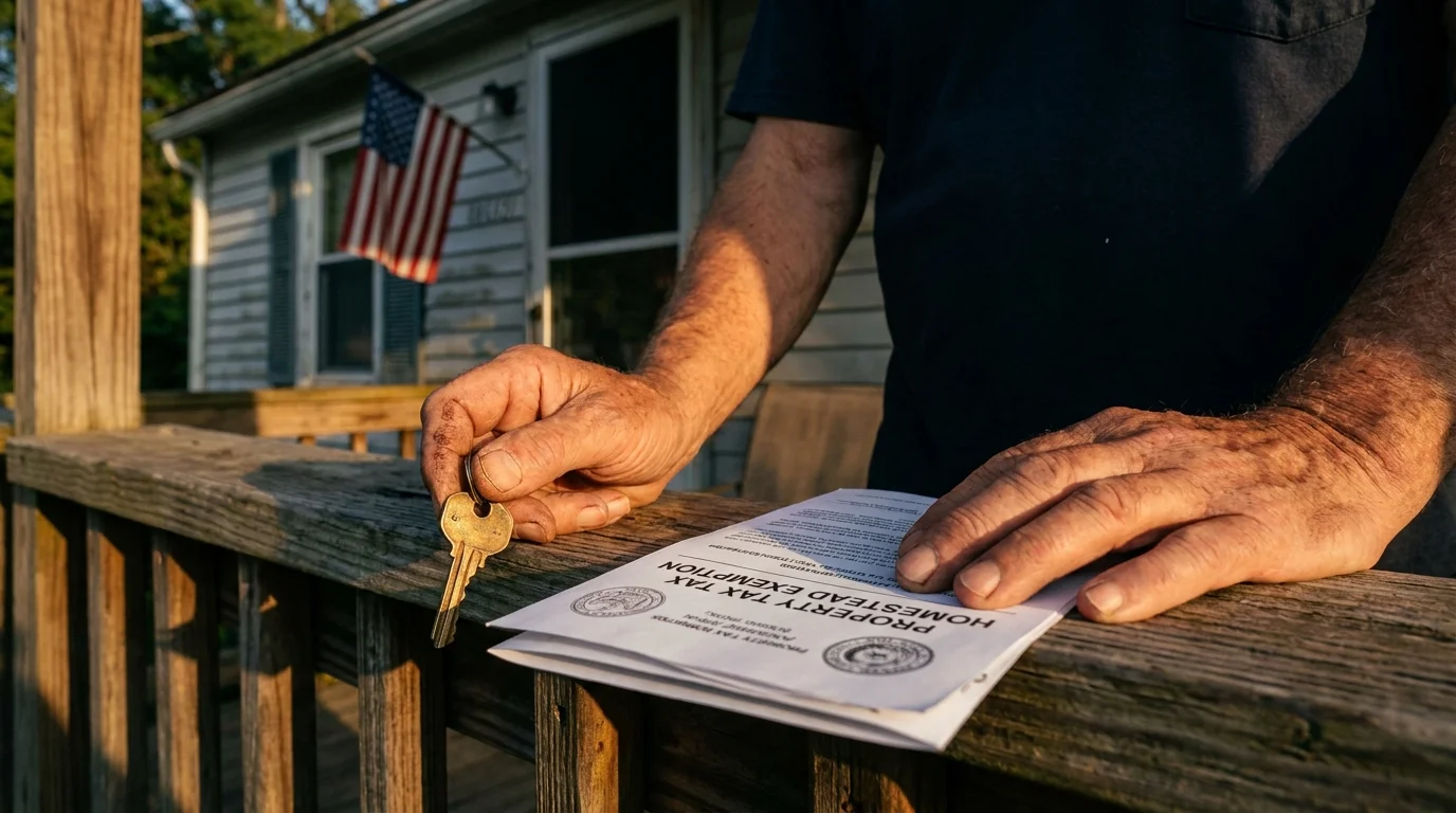 A close-up of a senior's hands holding house keys and a property tax exemption form on a porch.