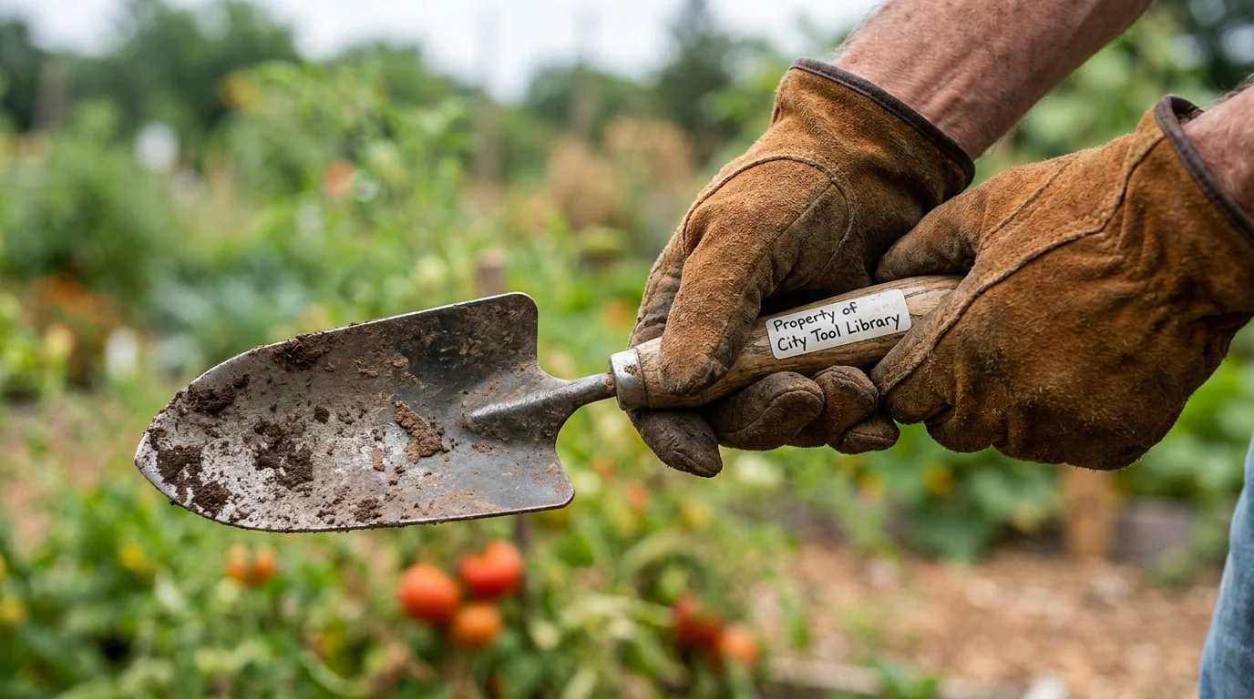 A close-up of gloved hands holding a garden trowel labeled as property of a local tool library.