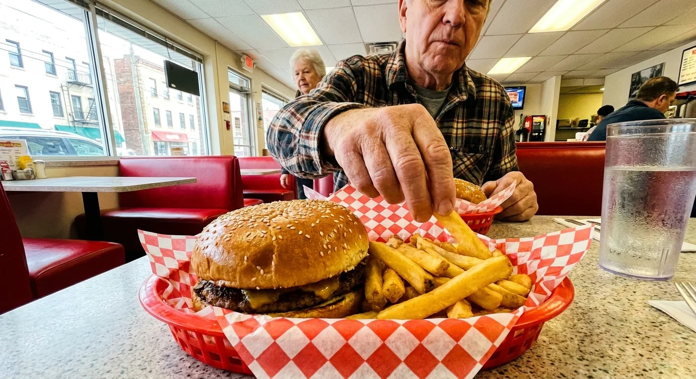 A close-up photo of a gourmet burger and fries in a restaurant basket during a casual birthday lunch.