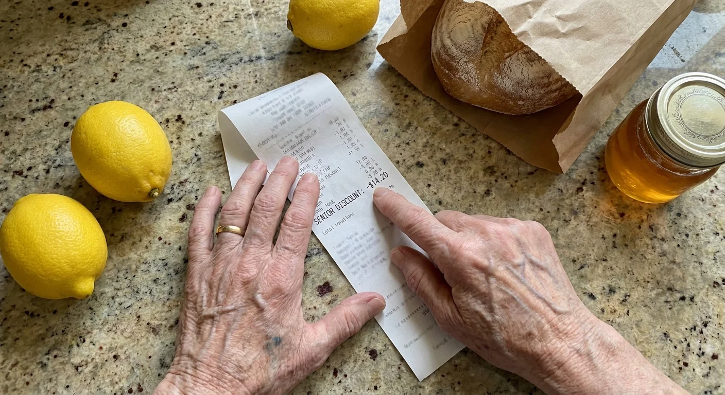 A close-up photo of a person's hands pointing at a 'Senior Discount' line on a grocery receipt on a kitchen counter.