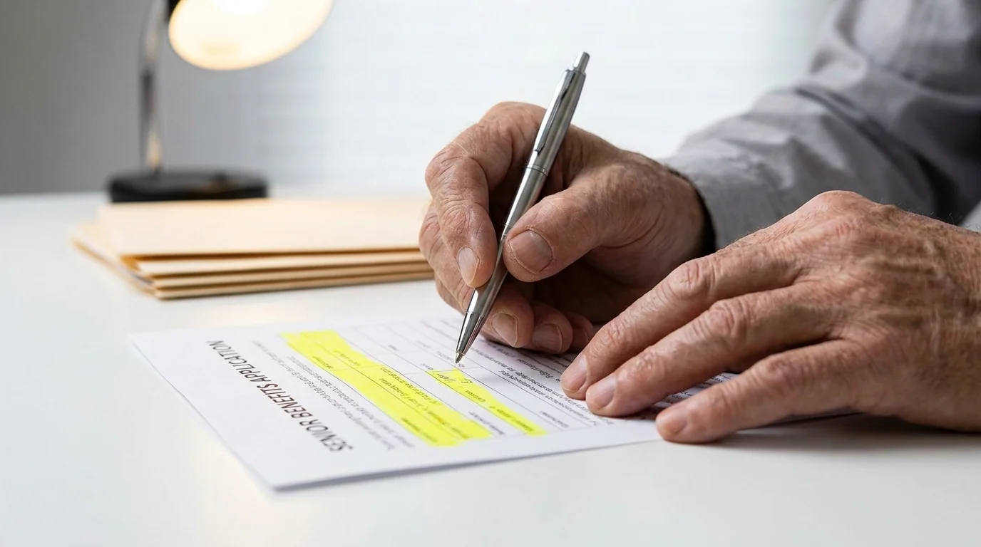 A close-up photo of a senior's hands carefully filling out a benefits application form with a highlighter nearby.