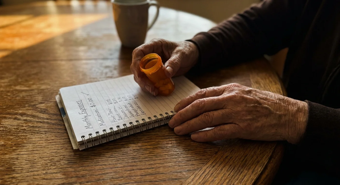 A close-up photo of a senior's hands holding a pill bottle next to a notebook showing zero dollars for medication costs.