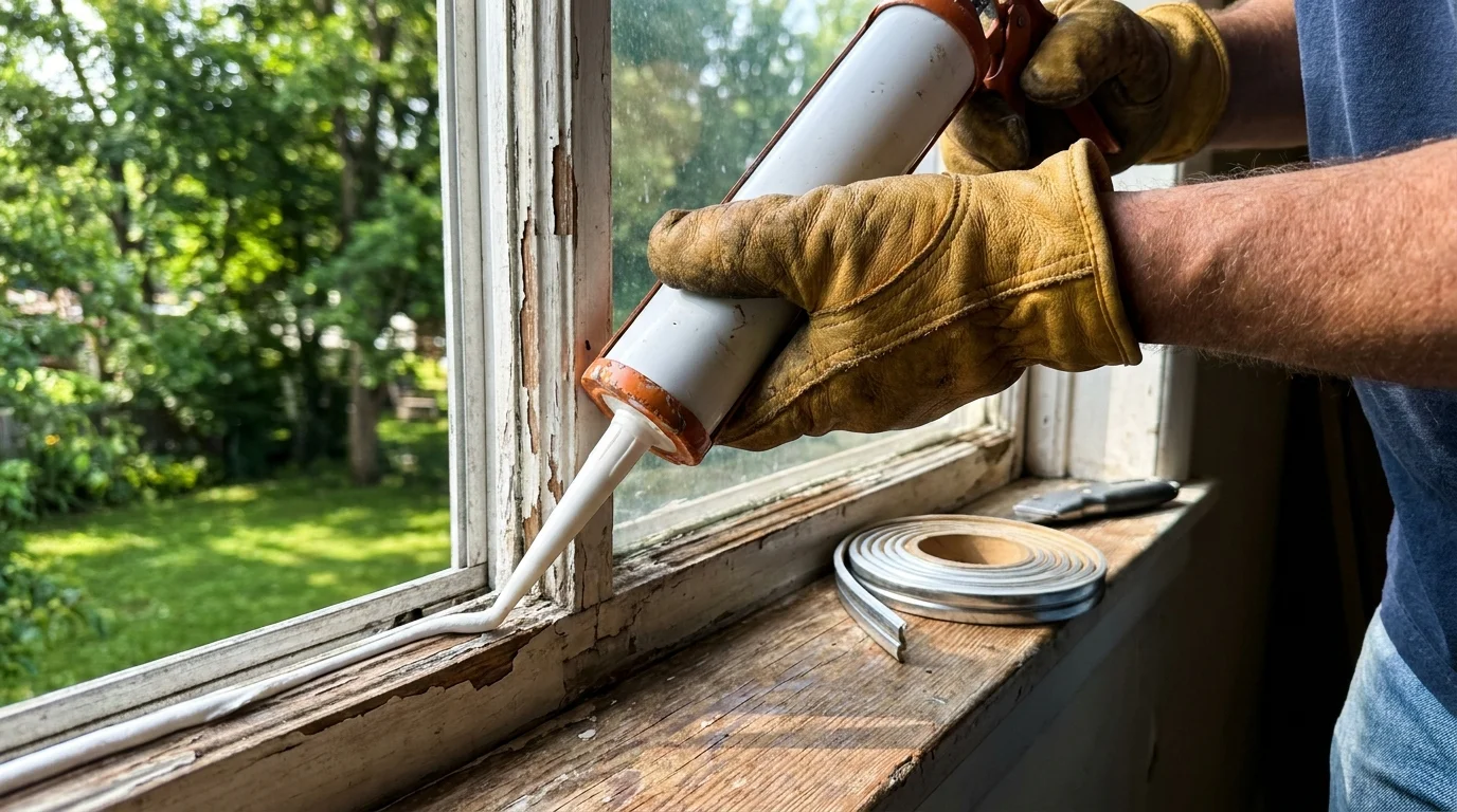 A close-up photo of hands weather-stripping an old window to improve home energy efficiency.