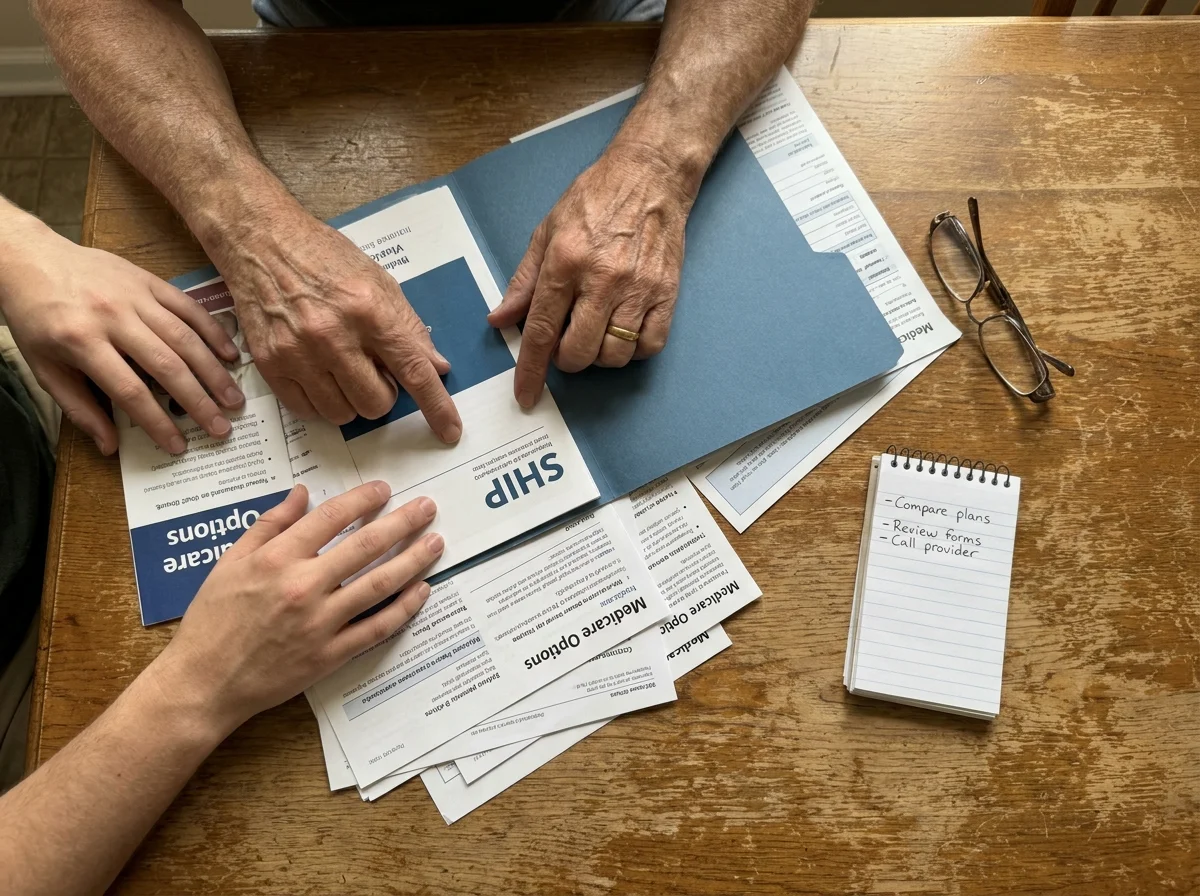 A close-up photograph of a senior and a counselor reviewing insurance documents together at a kitchen table.