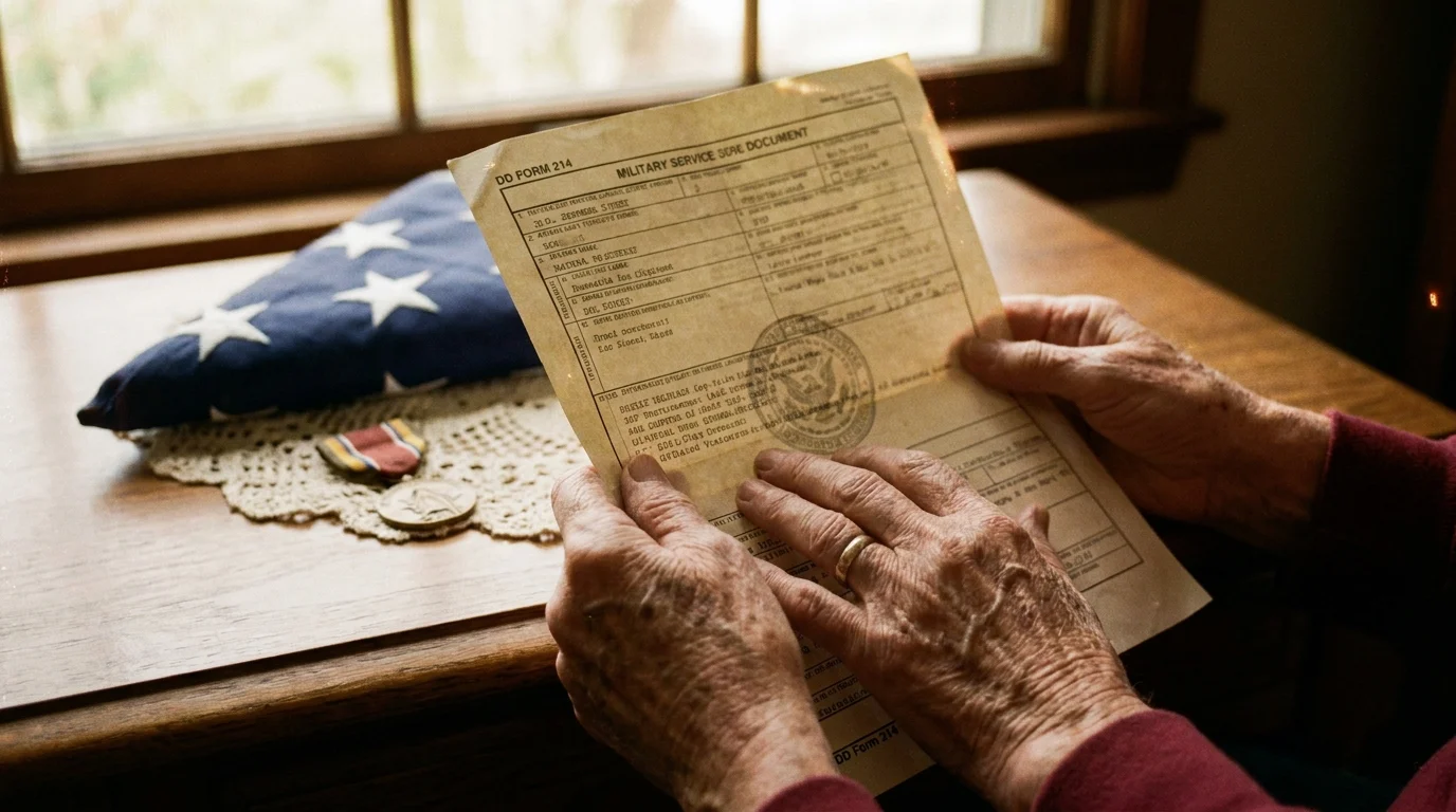 A close-up photograph of an older veteran's hands holding a vintage DD Form 214 discharge paper.