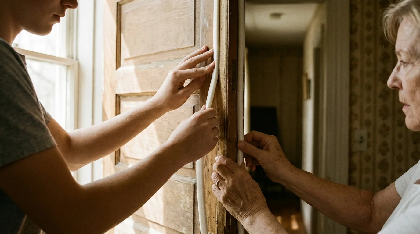 A close-up photograph of hands applying weatherstripping to a door to improve home energy efficiency.