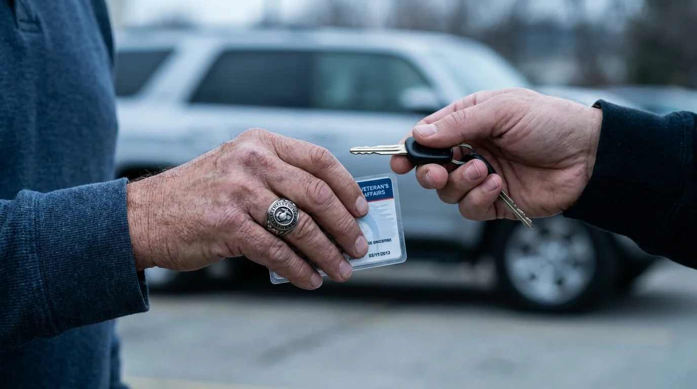A close-up shot of a veteran's hands holding a VA card while receiving assistance, symbolizing military transport benefits.
