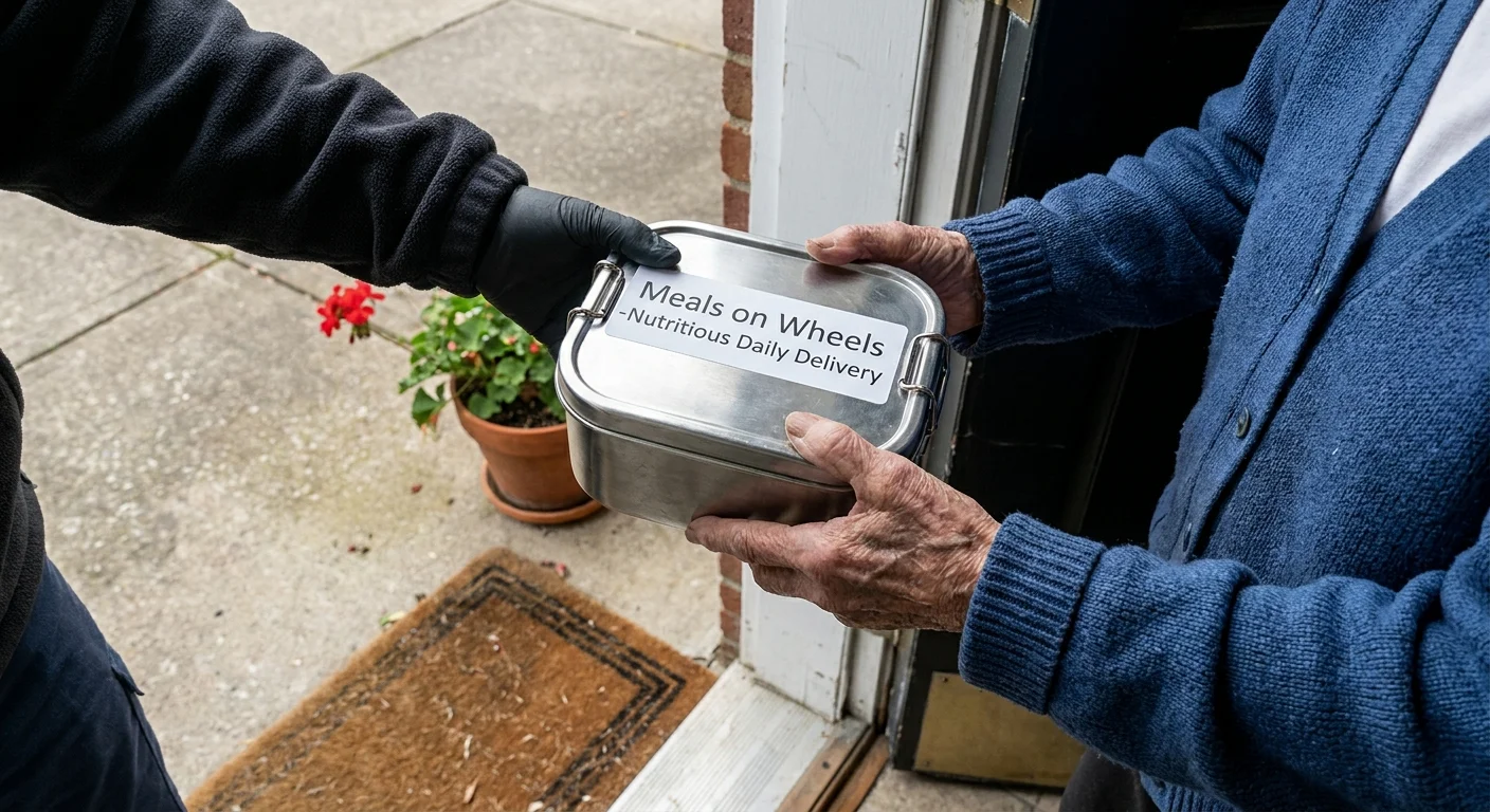 A close-up shot of a volunteer delivering a 'Meals on Wheels' container to a senior at their front door.