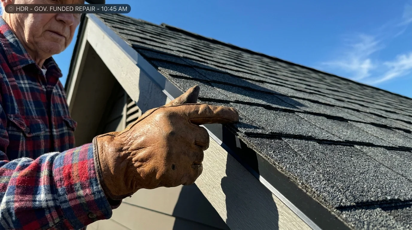 A close-up view of a contractor's gloved hand touching new roof shingles, showing the high-quality texture of a recent repair.