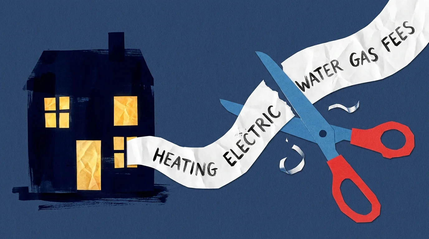 A collage-style illustration of large scissors cutting a long utility bill next to a warm house icon.