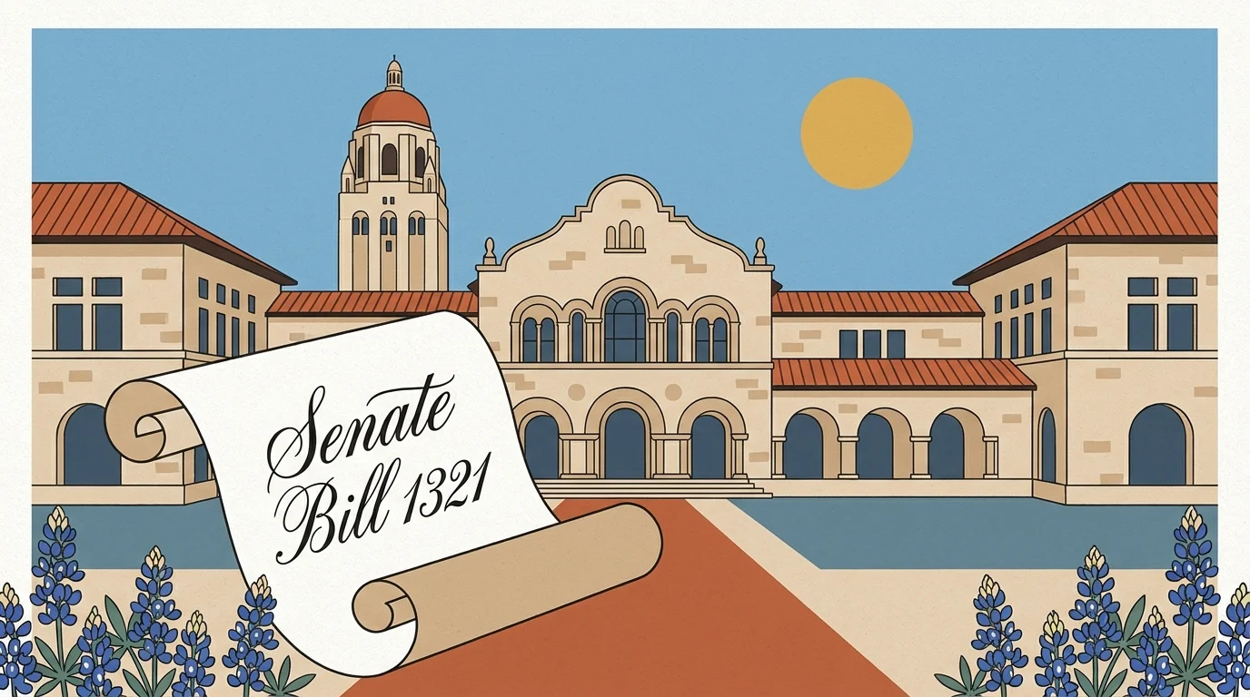 A colorful gouache illustration of a Texas university building with a scroll reading Senate Bill 1321.