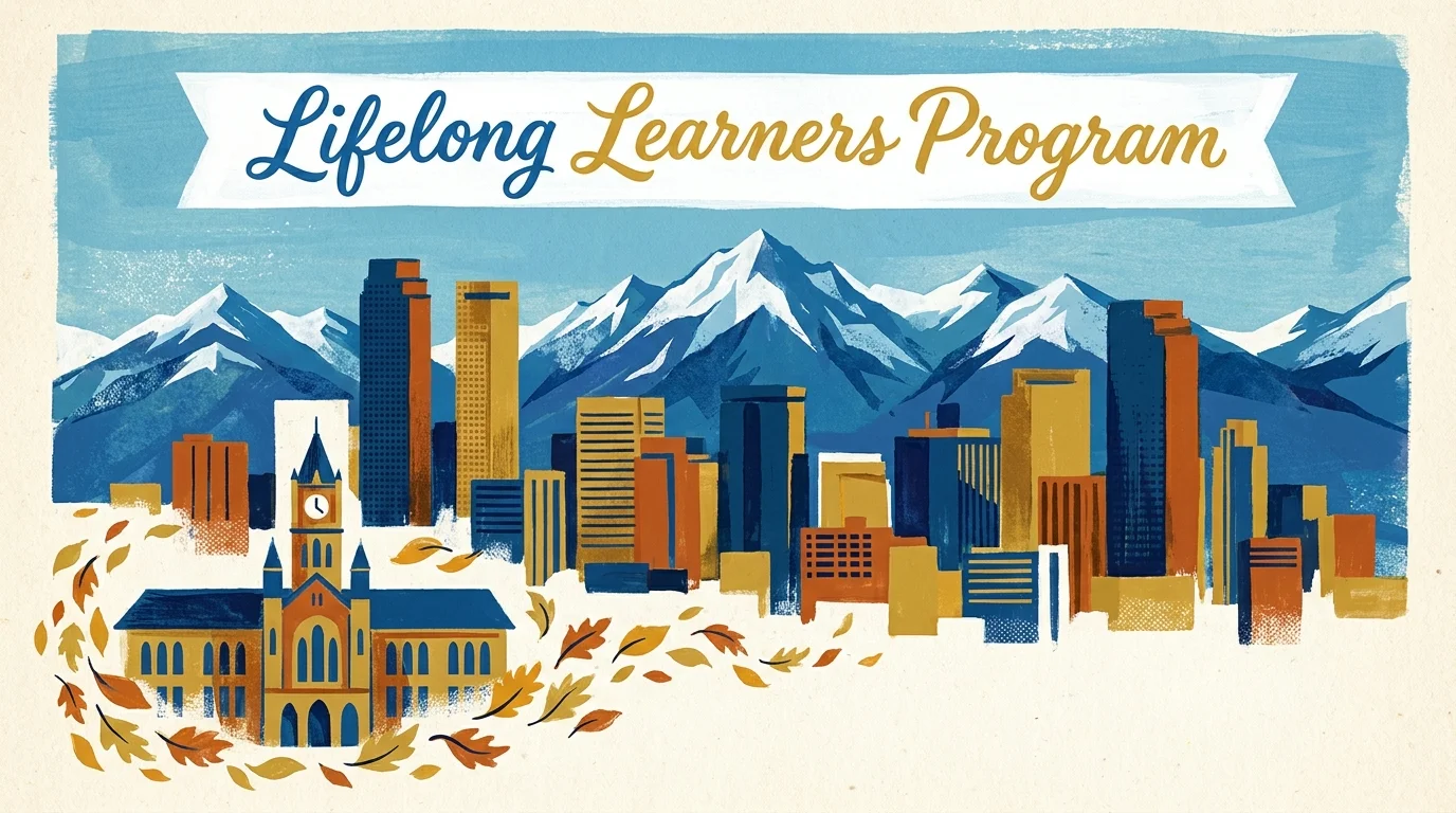 A colorful illustration of the Denver skyline and mountains with a banner for the Lifelong Learners Program.