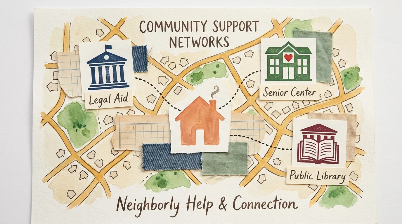 A colorful mixed-media map showing connections between a senior's home and local legal and community support centers.