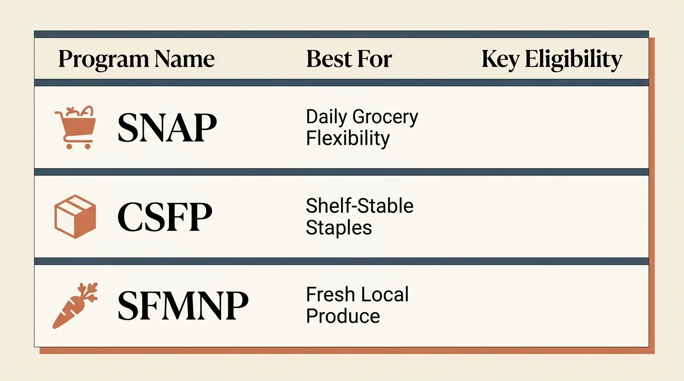 A comparison chart showing the differences between SNAP, CSFP, and SFMNP programs for seniors.