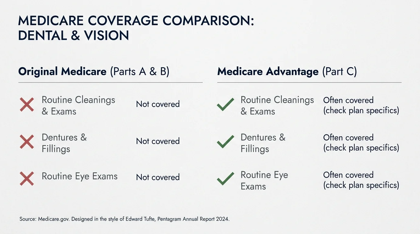 A comparison diagram showing that Original Medicare does not cover routine dental and vision, while Medicare Advantage often does.