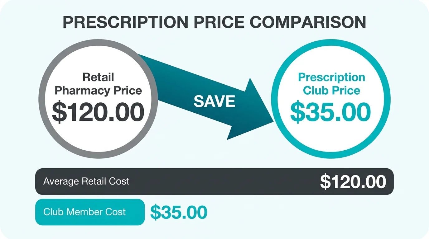 A comparison infographic showing the price difference between retail pharmacy prices and prescription club rates.