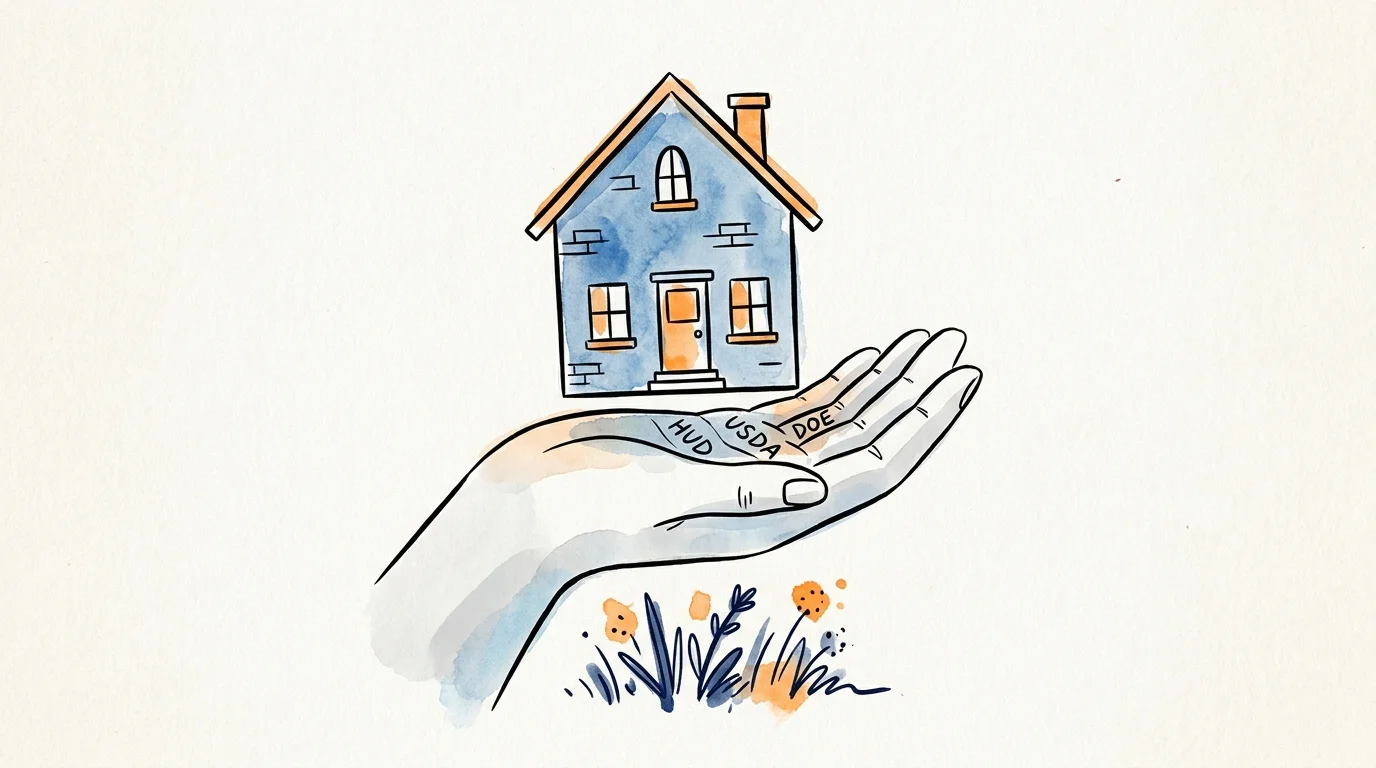 A conceptual illustration of a hand labeled HUD, USDA, and DOE gently supporting a small house, symbolizing government assistance.