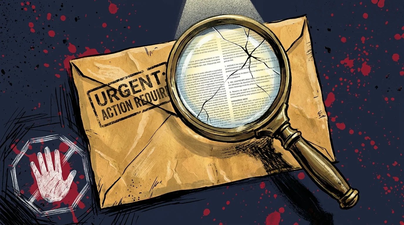 A conceptual illustration of a magnifying glass over a suspicious letter, symbolizing the need for caution against scams.