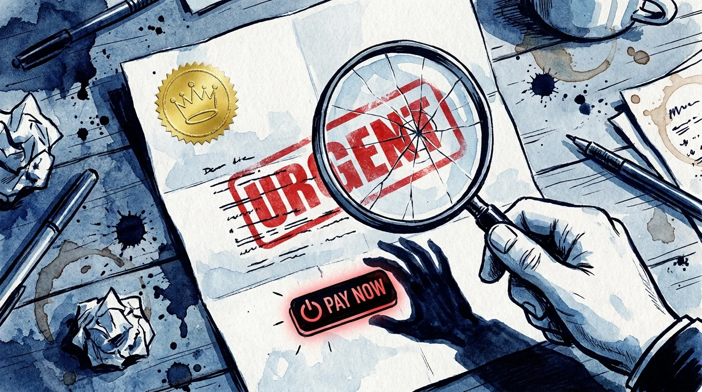 A conceptual illustration of a magnifying glass over a suspicious-looking 'urgent' letter, warning against tax scams.