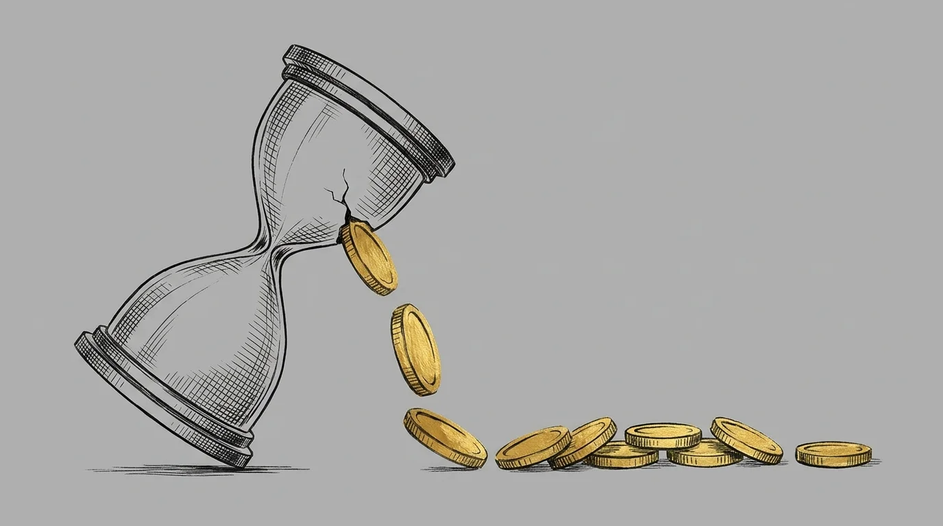 A conceptual illustration of an hourglass on its side with golden coins leaking out of a small crack.