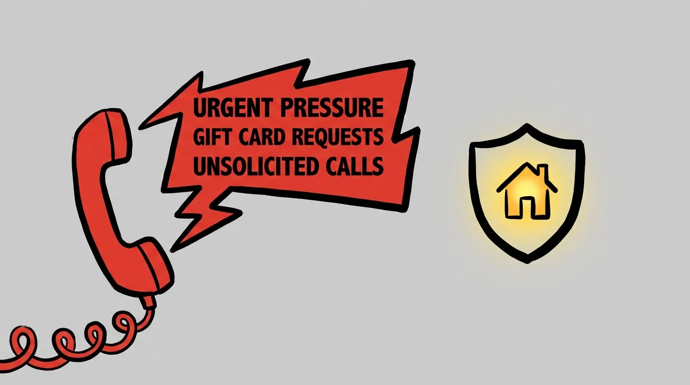 A conceptual illustration showing a red phone with warning signs like 'Urgent Pressure' and a shield protecting a home from scams.