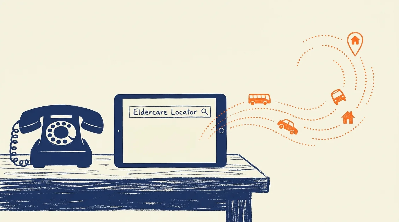 A conceptual illustration showing a telephone and tablet connecting a user to the Eldercare Locator mobility database.