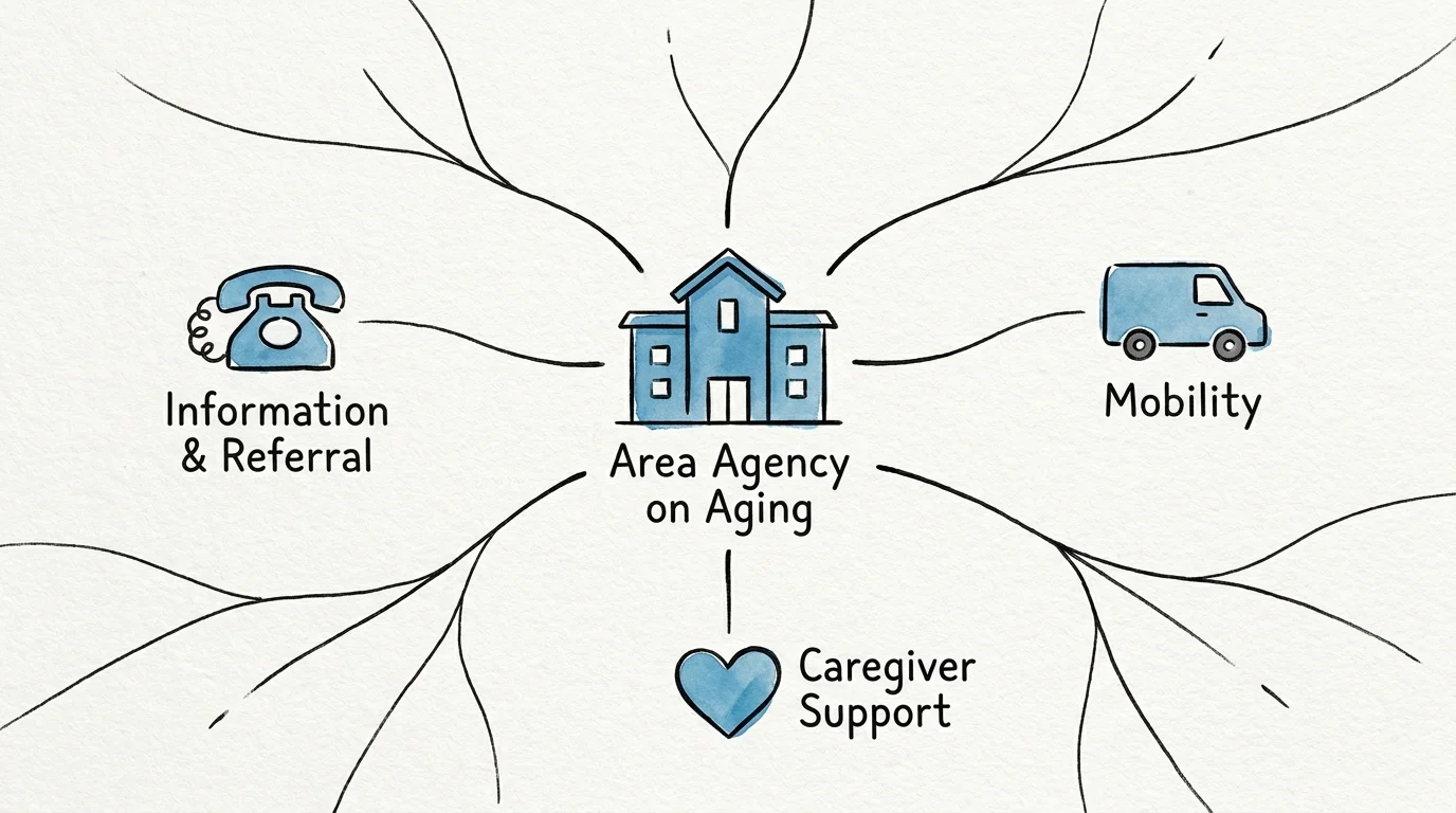 A conceptual map illustration showing the various services provided by Local Area Agencies on Aging.