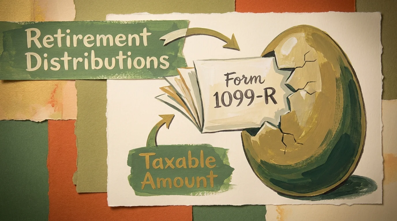A conceptual mixed-media collage showing a retirement egg opening to reveal a 1099-R tax form.