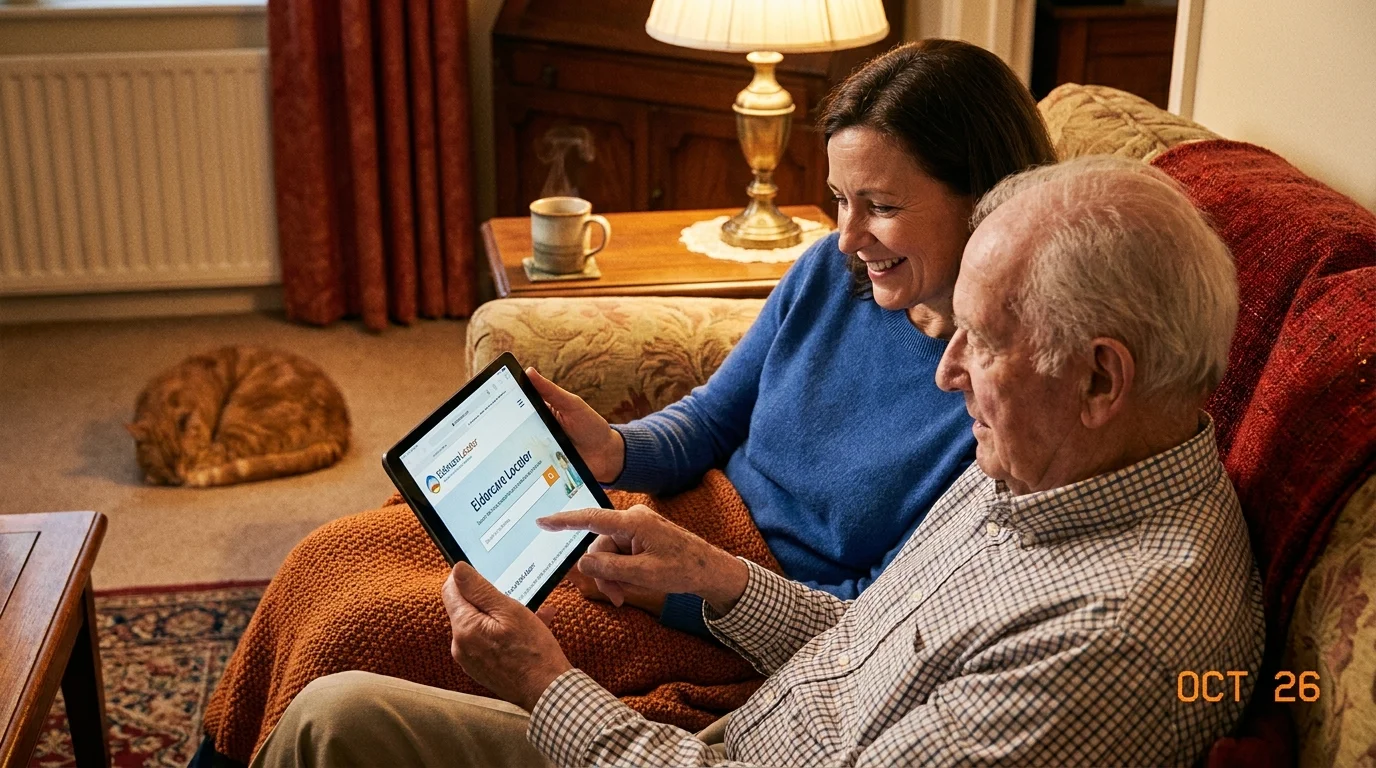 A daughter and her elderly father looking at the Eldercare Locator website on a tablet in a cozy living room.