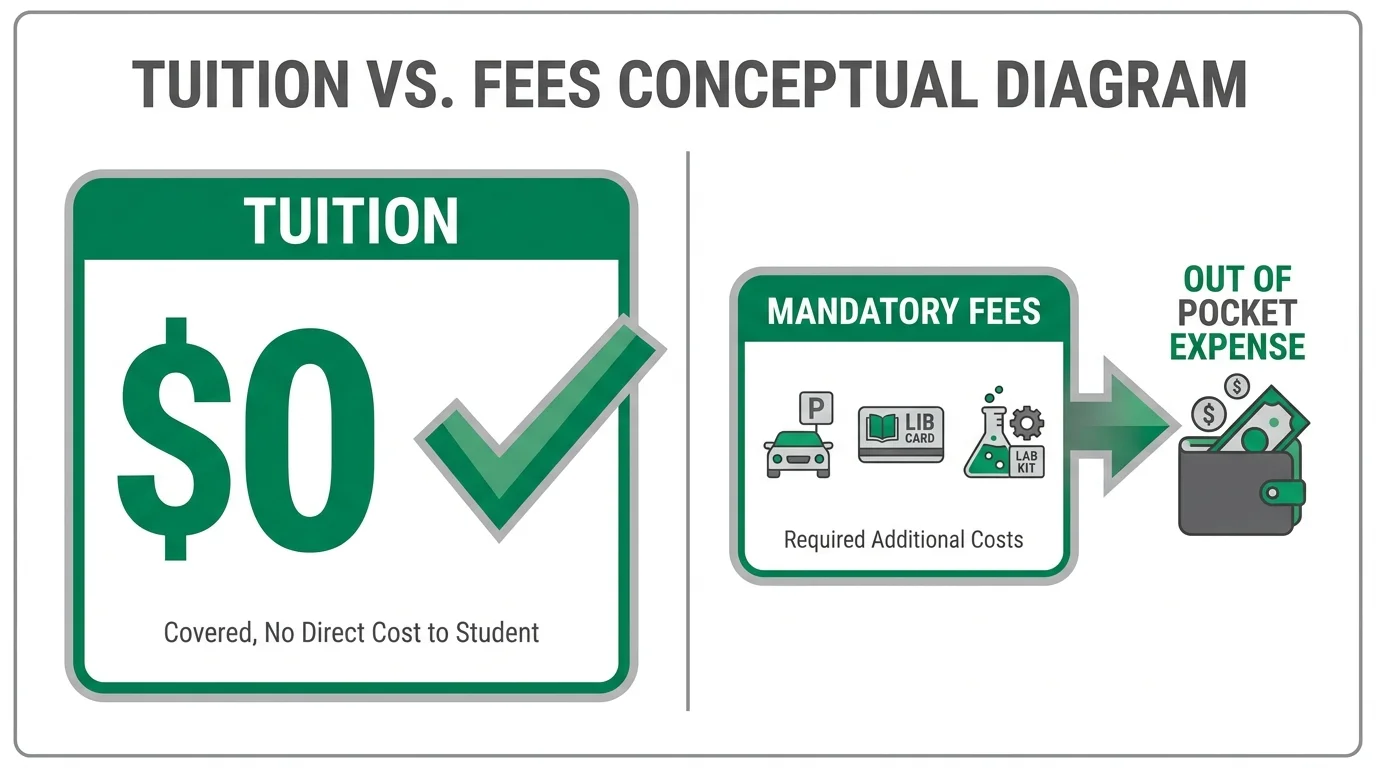 A diagram showing that while tuition is free, students may still need to pay for parking, library, and lab fees.