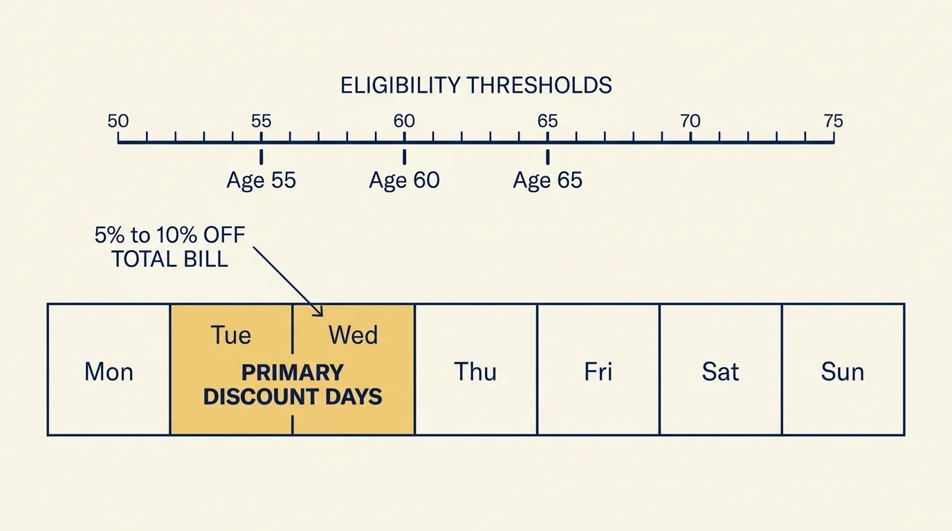 A diagram showing Tuesday and Wednesday as senior discount days and age eligibility markers at 55, 60, and 65.
