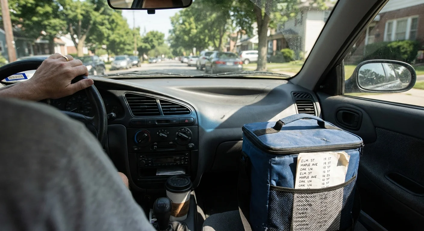 A documentary-style photo from the driver's seat of a car showing an insulated meal delivery bag on the passenger seat in a residential area