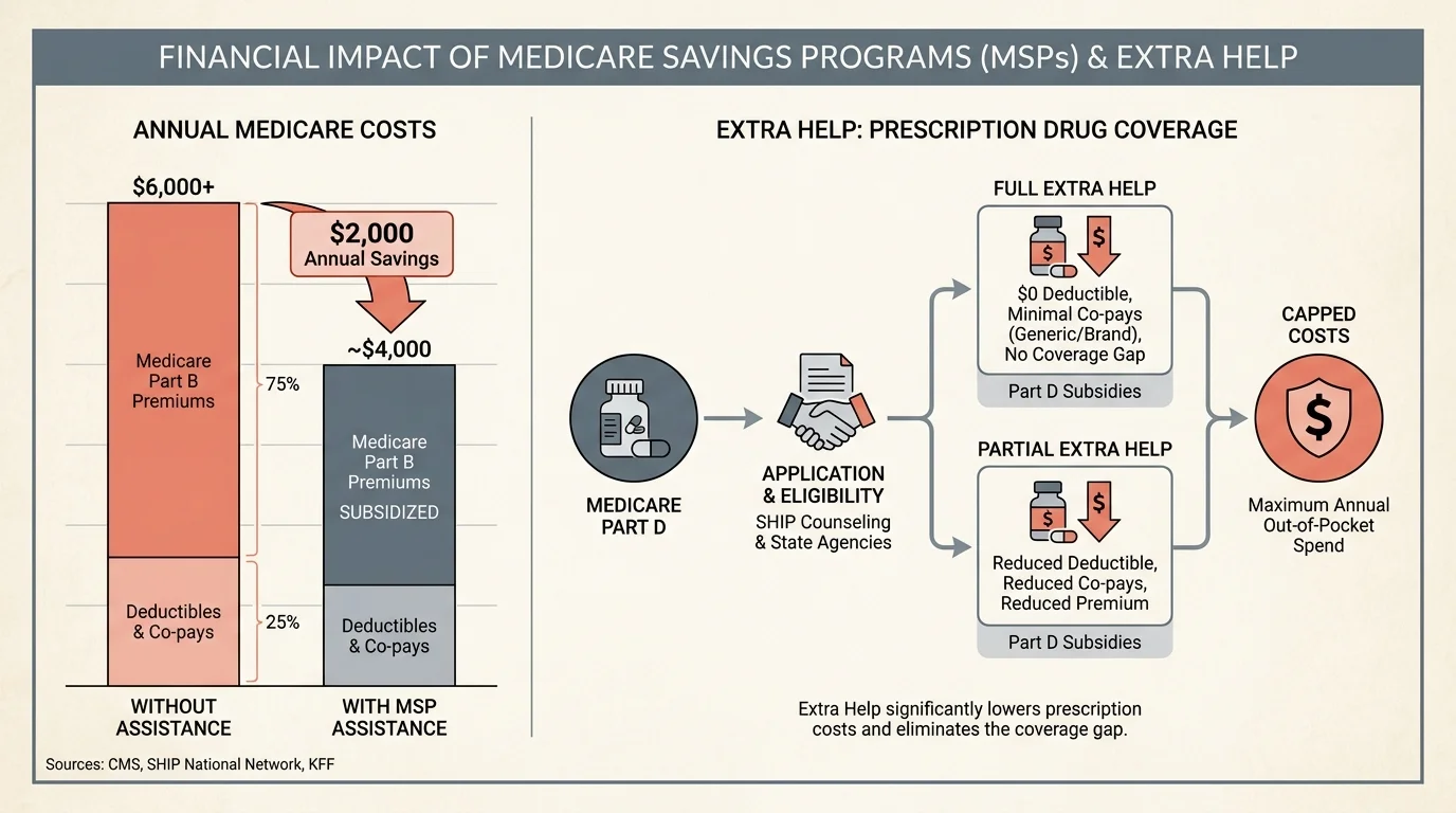 A financial diagram showing how Medicare Savings Programs can save seniors $2,000 annually on premiums and prescriptions.