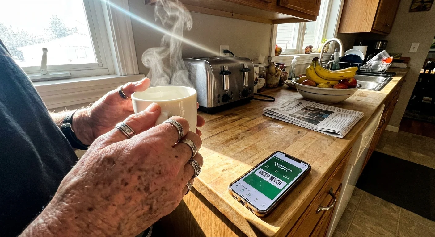 A first-person view of a senior holding a coffee mug while a phone displays a rewards barcode for a free drink.