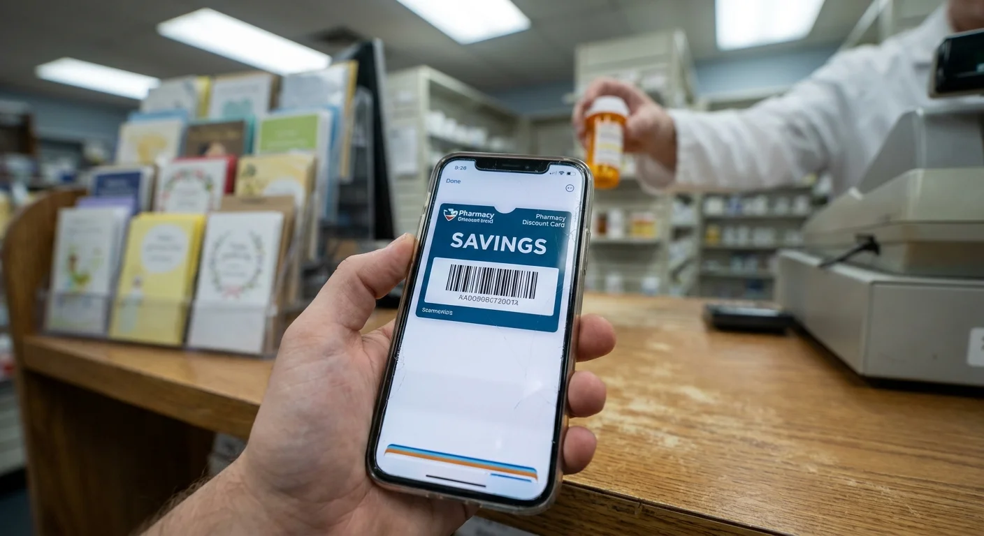 A first-person view of a smartphone showing a digital pharmacy discount card being presented at a retail counter.