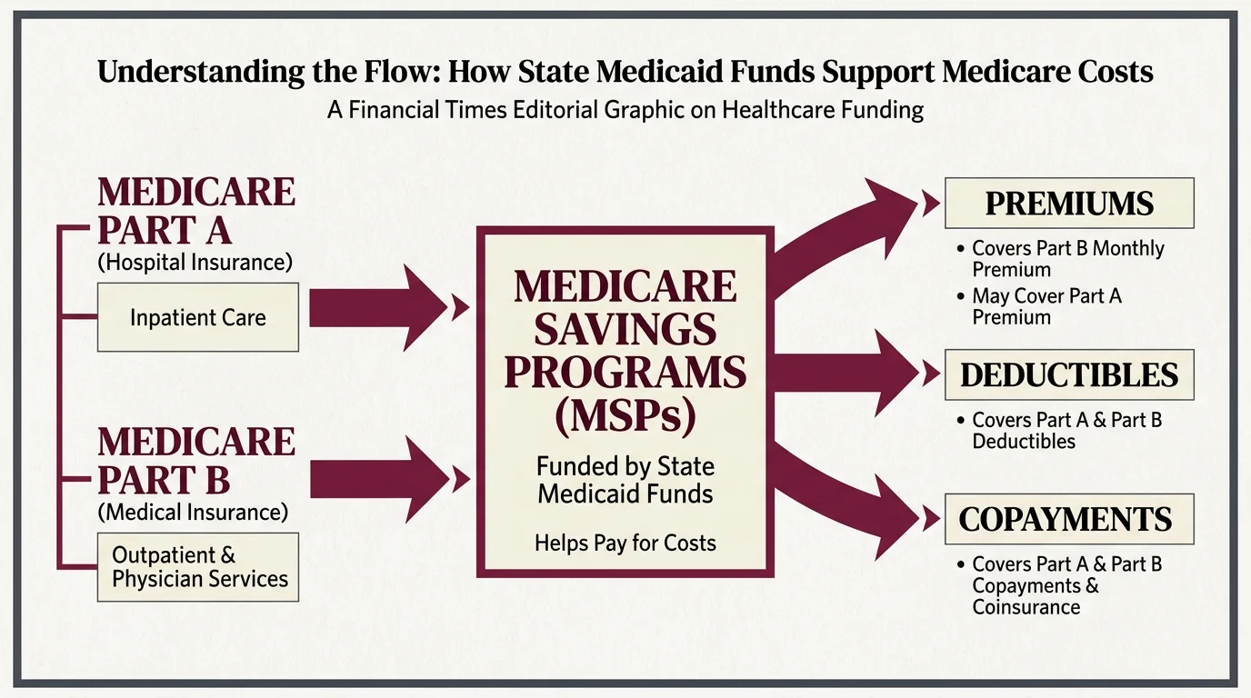 A flowchart showing how Medicare Savings Programs use state funds to cover Part A and Part B premiums and deductibles.